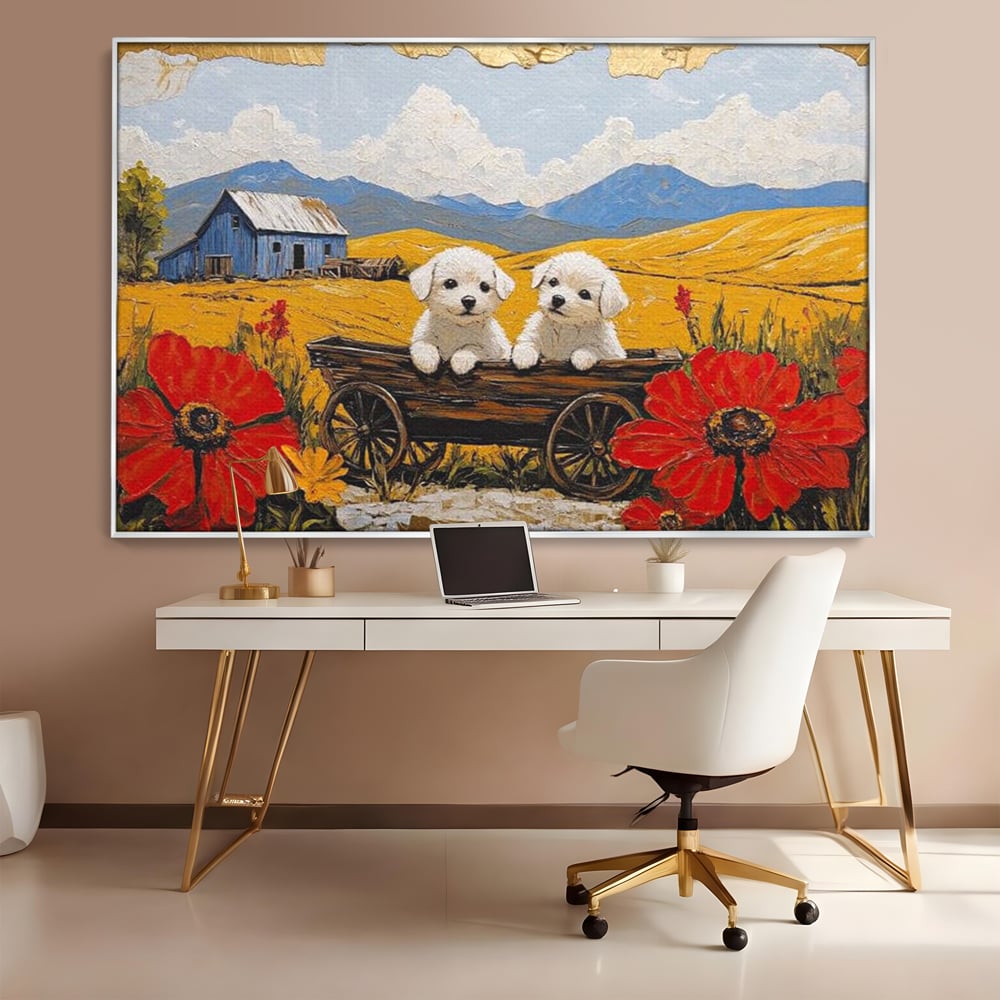 Tablou canvas cu tablou canvas cu catei in caruta si maci, in rama de aluminiu argintiu, pe perete intr-un birou